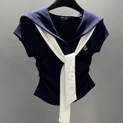 韩系学院风时尚撞色海军领短袖T恤女2025夏季新款修身显瘦上衣ins