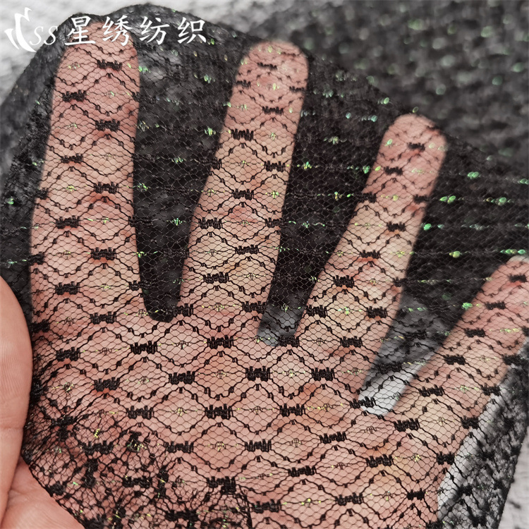 新款提花网纱幻彩双色小方格蕾丝面料柔软亲肤女装打底衫拼接布料