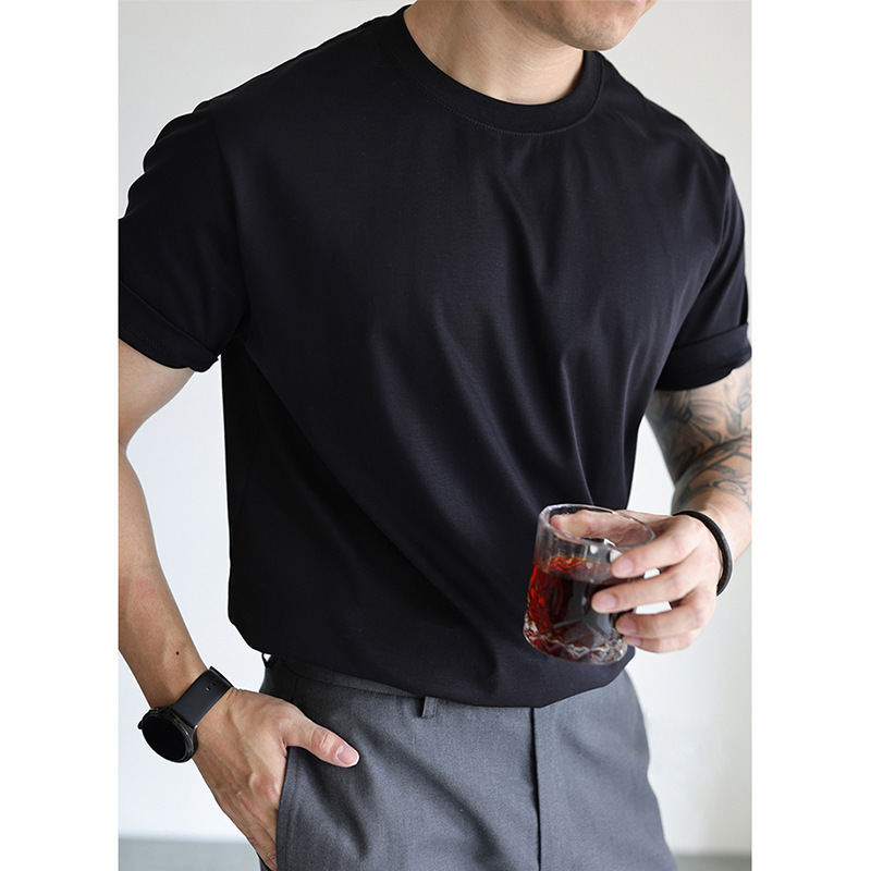 ハイエンド 60 年代液体アンモニアシルケットマルベリーシルク半袖ラウンドネック Tシャツ 2025 夏無地通気性 7A 抗菌トップ男性用|undefined