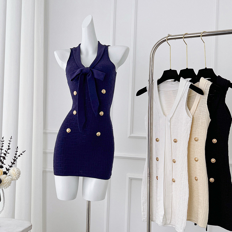 Elegant Chanel-Style Jacquard Dress with Ribbons, Slim Fit, Sleeveless, Knitted Short Dress with a High-End Feel