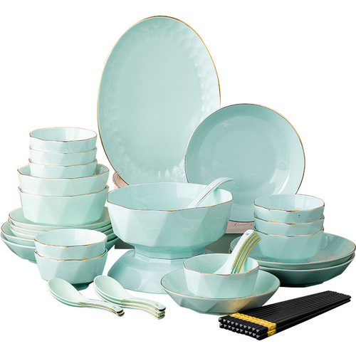 Dishes set wholesale household simple gold rim rice bowl noodle soup bowl dish plate shadow green light luxury ceramic bowl tableware set
