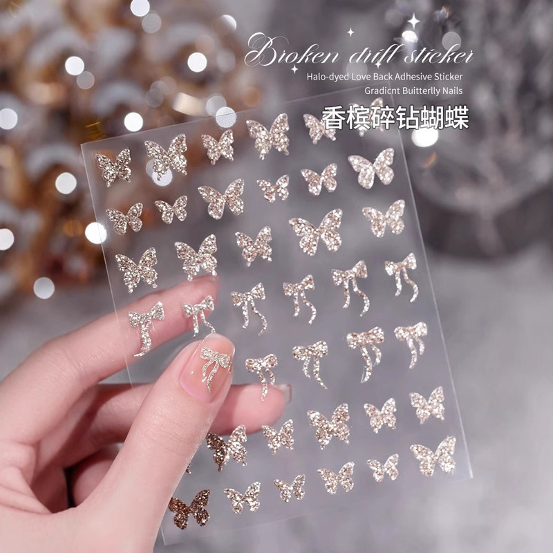 Net red nail art explosions super flash champagne magic color broken diamond Croheart butterfly rose rabbit snowflake nail stickers wholesale