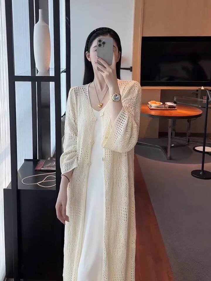Áo cardigan dệt kim dáng dài nữ thiết kế khoét lỗ, cổ chữ V, tay dài, phong cách thanh lịch — Màu be 【Nâng cấp chất liệu vải cao cấp】 chi tiết 8