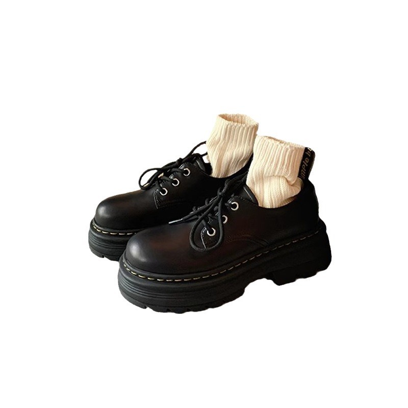 Grape Mom Otoño Nuevo estilo estilo británico con cordones para aumentar los zapatos Lofu de plataforma de tacón grueso Zapatos de cuero pequeños de punta redonda Otoño femenino