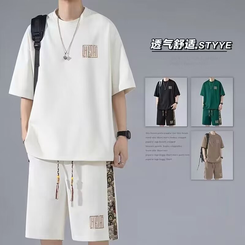 Camisas menos ropa verano nuevo estilo traje deportivo de ocio manga corta para hombres estilo de Hong Kong marea nacional pantalones cortos de cinco puntos manga corta suelta