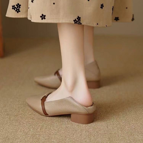 [Soft Leather] French Retro Slip-on Ankle Boots with Color Block Round Toe Pumps