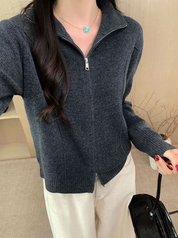 100%绵羊毛双拉头高领毛衣外套女宽松简约休闲拉链针织开衫外穿款|undefined