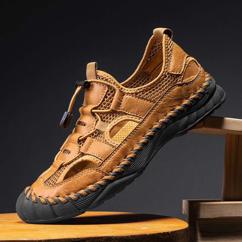 Men's Summer Sandals, Genuine Leather And Mesh Breathable Hollow Shoes, Men's Driving Closed-Toe Outdoor Casual Shoes_vogvips.com