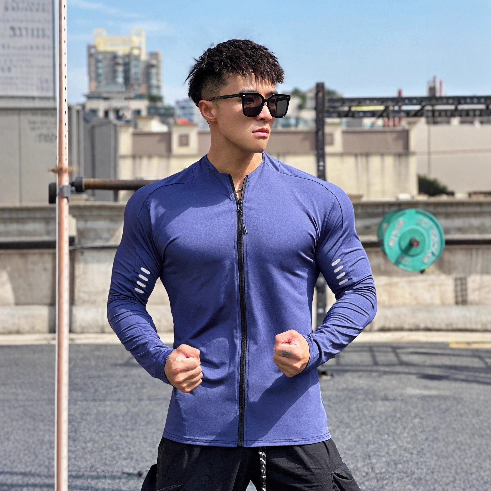 新款肌肉健身男士篮球兄弟训练衣服百搭宽松运动拉链长袖t恤上衣