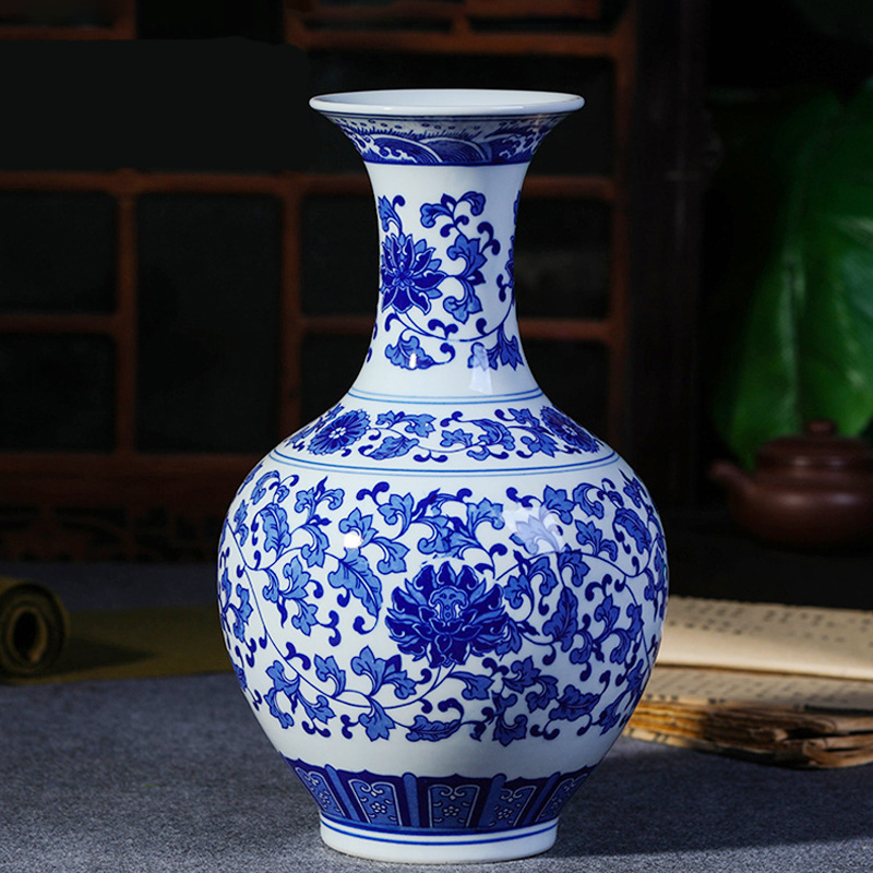 Jingdezhen Ceramic Vase, Imitation Ancient Blue and White Porcelain Vase, Modern New Chinese Style Living Room Vase Decorative Item Shelf Accent
