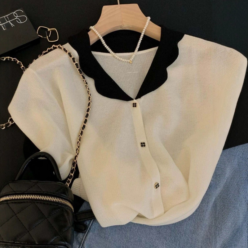French-Style Doll Collar Short-Sleeve T-Shirt Polo Shirt for Women, Summer Chanel-Style Ice Silk Knit Cardigan, Short Regular Shoulder Top