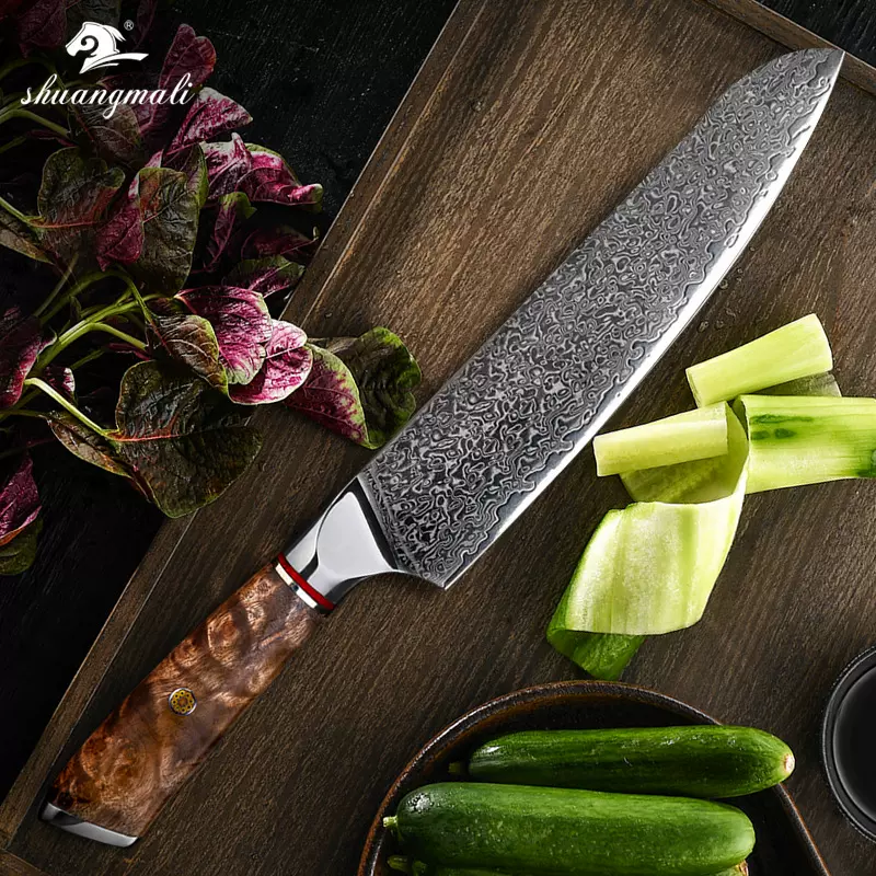 大马士革钢厨师刀 8寸影木原木手把厨房不锈钢切肉刀 跨境代发