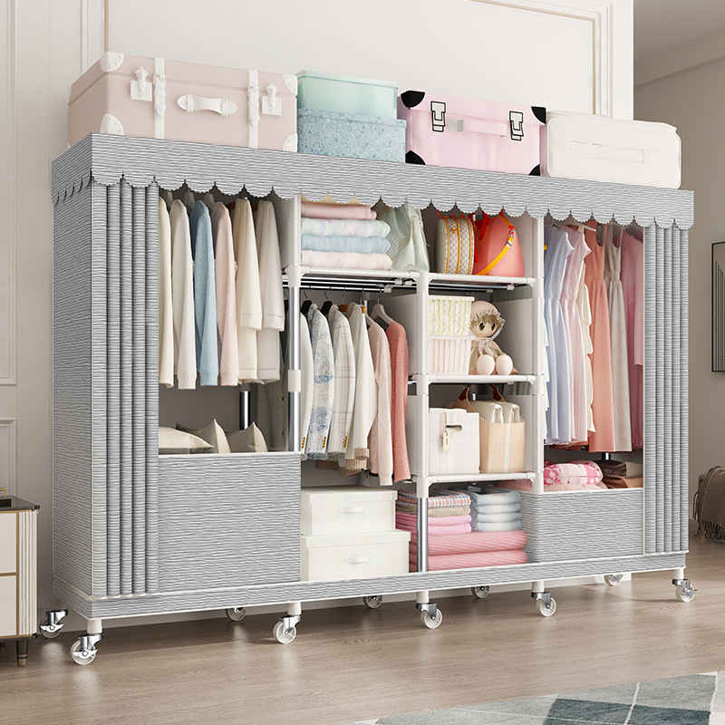 Cremallera completamente cerrado armario de tela simple tubo de acero reforzado en negrita espesado marco de acero completo gabinete de tela de almacenamiento en casa con ruedas