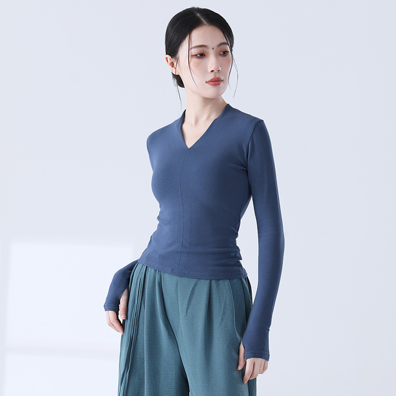 モダンダンス練習着 女性用 新型 Vネック スリムフィット 半袖ニットトップス 中国舞踊 日常体操 ダンスウェア|undefined