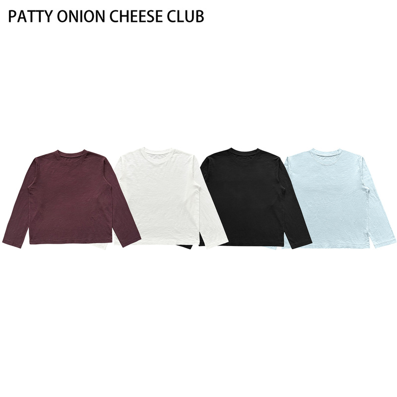 Textured Bamboo Cotton Loose-Fitting Single-Stitch Long-Sleeve Round Neck Top