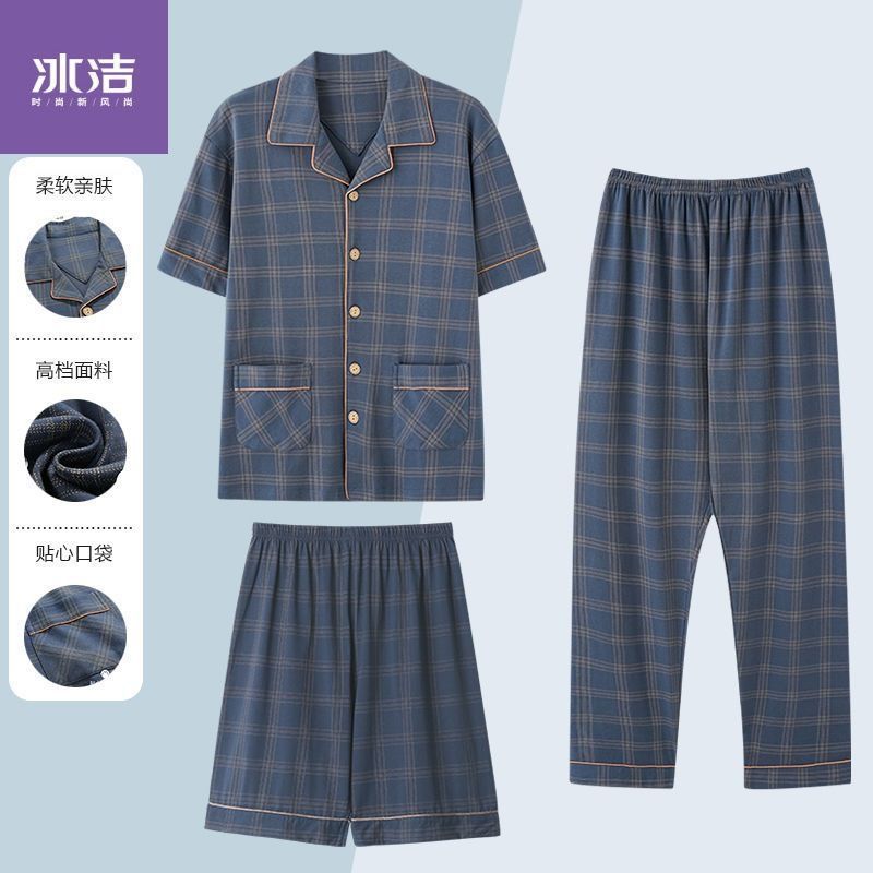 Pijamas de algodón para hombres de verano cardigan mangas cortas pantalones cortos pantalones largos de tres piezas delgados set de ropa de casa grande