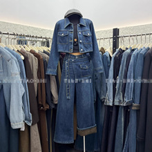 欧货大码加绒牛仔衬衫外套女2025秋冬新款高腰设计感裙裤两件套装