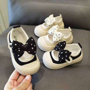 Spring and autumn baby square mouth canvas shoes polka dot bow girls' children's shoes toddler shoes soft bottom princess shoes anti-kick