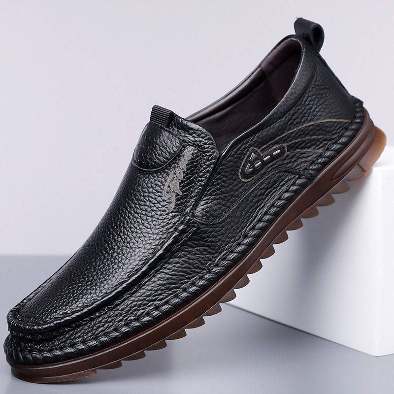 Giày lười nam da bò lớp đầu cỡ lớn, mũi tròn, đế bằng, phong cách casual — Màu nâu, Màu trắng ngà, màu đen