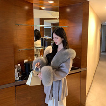 “沪上千金”狐狸毛领连帽羊绒大衣外套双面羊毛呢外套女冬
