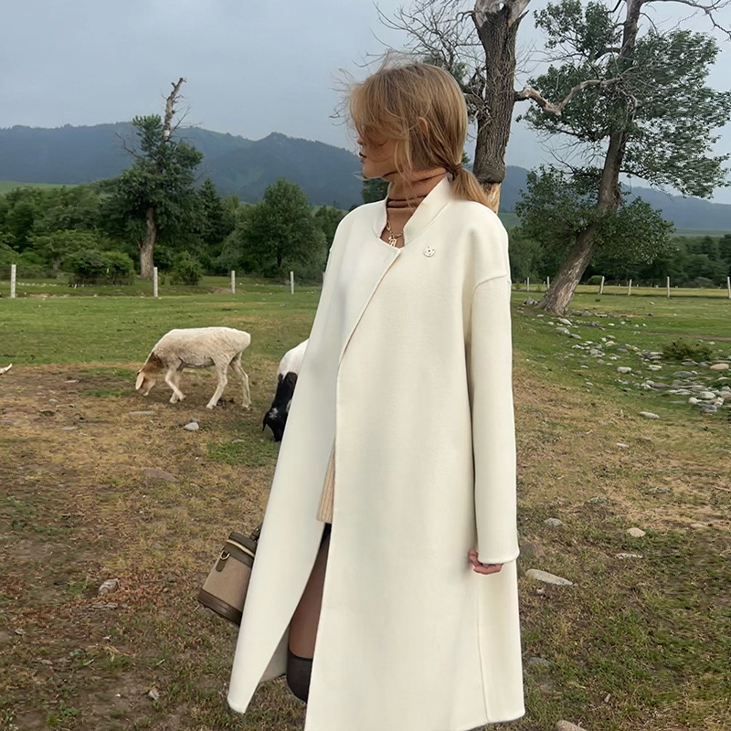 Double-sided wool overcoat Women's Mid-length autumn and winter New Chinese retro Stand Collar Cocoon pure wool white woolen coat