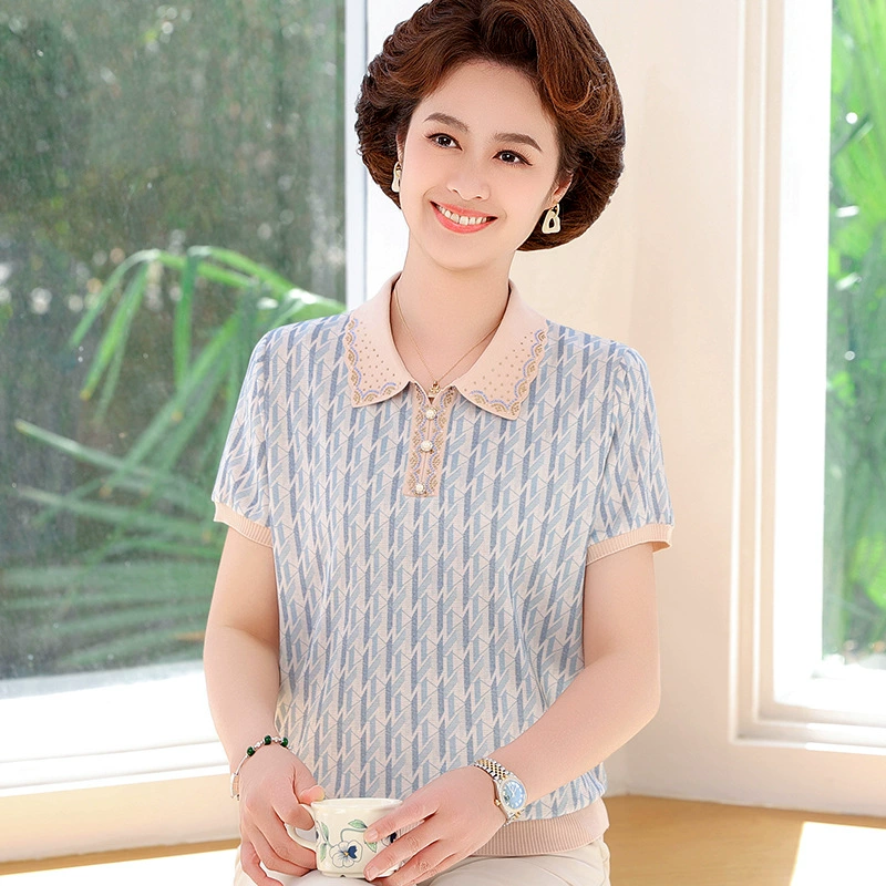 2025 весна и осень мама мода минус возраст трикотажные рубашки весна и осень новая средняя и пожилая женщина осенний темперамент топ с отворотами