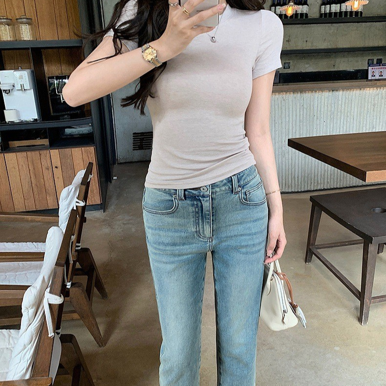 Korean Dongdaemun Women's Wine Glass Leg Cigarette Pants Slimming Straight-Leg Cut Washed Cropped Jeans for Women