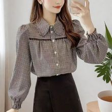 韩版黑白格子衬衫女春秋装新款时尚花边小翻领拼接上衣服泡泡袖潮