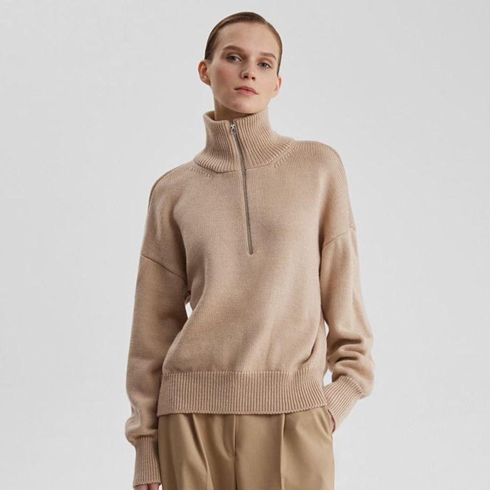 Transfronterizos de cuello medio cremallera suéter de cabeza mujer Europa y los Estados Unidos otoño y invierno 2025 nuevo suelto camiseta de punto perezosa camiseta superior