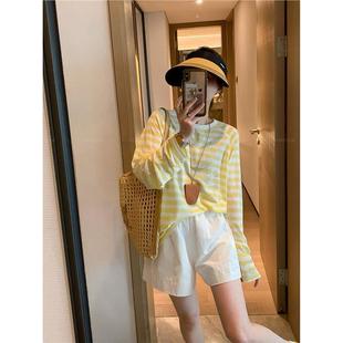 Lazy Atmosphere! Round Neck Stripesd Long-Sleeved T-Shirt for Women 25 Summer New Korean Style Loose Casual Slimming Look Top