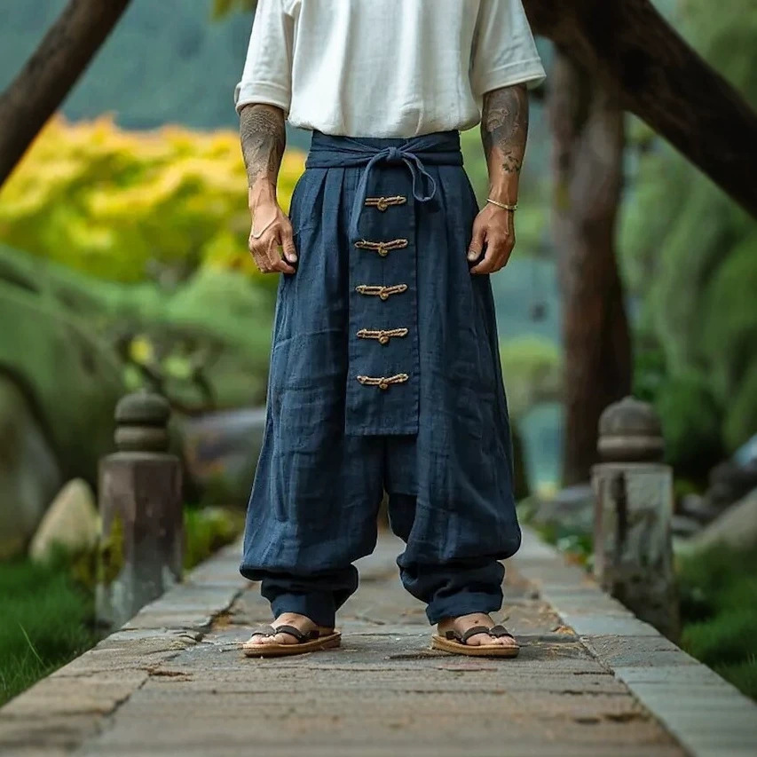 洗肌理亚麻藏青前襟盘扣绑带腰男士宽松束脚国风休闲长裤一件代发