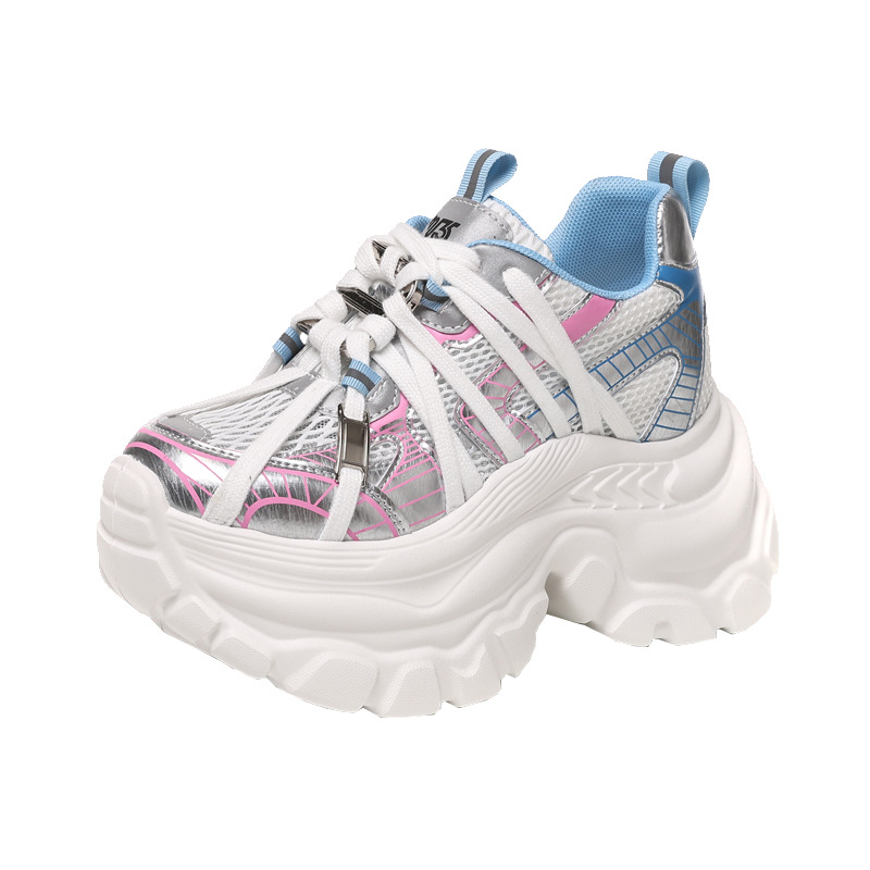 Giày sneaker nữ đế dày lưới thoáng khí phong cách bánh xốp — Màu hồng xanh lam