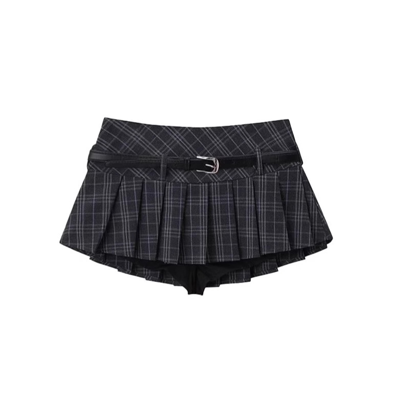 Belted Preppy Style Retro Plaid Low-Waist Pleated Short Skirt Women's Spring and Summer New A-Line Skirt Belted Preppy Style Retro Plaid Low-Waist Pleated Short Skirt Women's Spring and Summer New A-Line Skirt