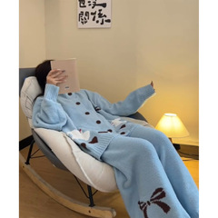 可爱甜美针织半边绒睡衣女秋冬新款大码保暖开衫长裤家居服可外穿