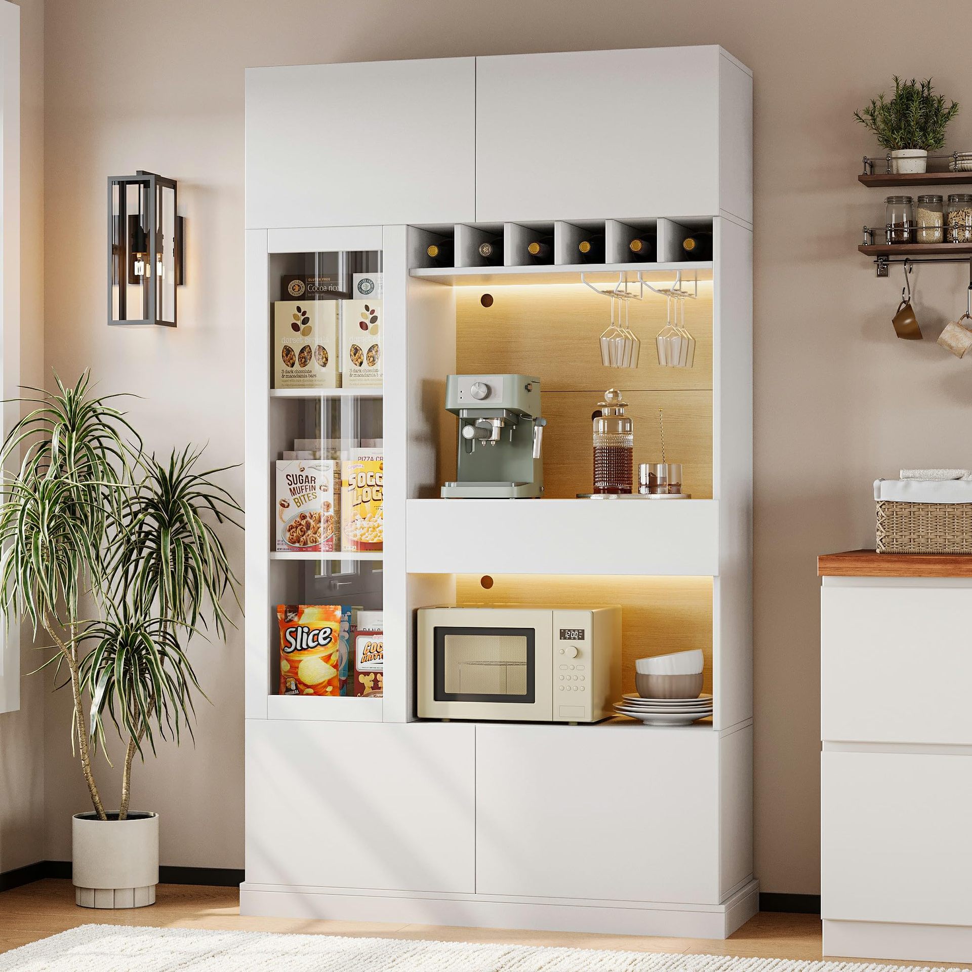 Factory Hot-Selling Kitchen Utensil Cabinet with Led Lights and Sockets, with Microwave Shelf and Adjustable Shelves