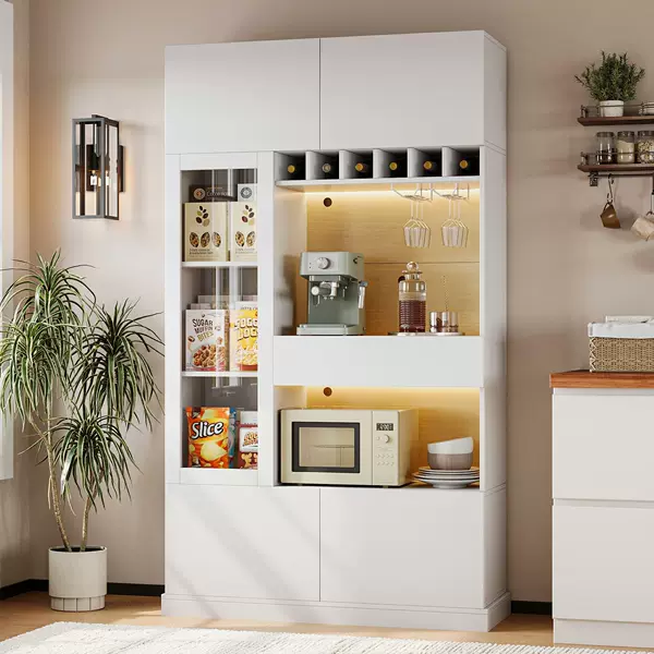 Factory Hot-Selling Kitchen Utensil Cabinet with Led Lights and Sockets, with Microwave Shelf and Adjustable Shelves