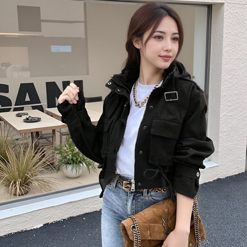 Spring New Women's Fashion Foreign Trade European and American Style Biker Jacket Short Top with Pockets and Zipper Long Sleeve Coat