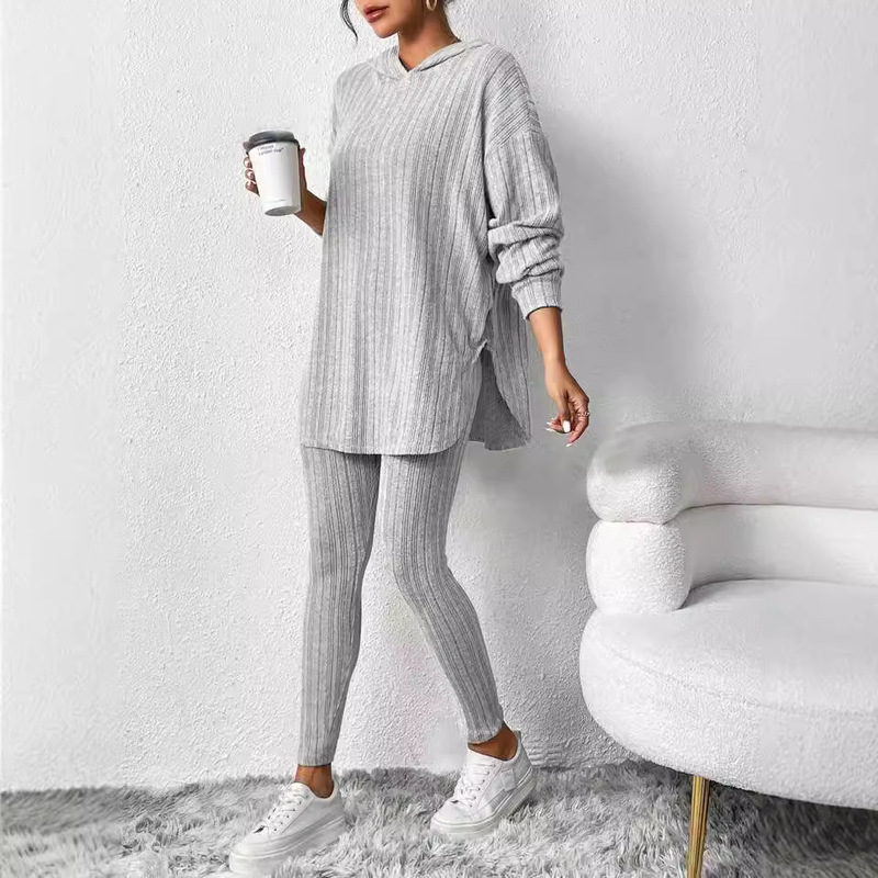 2025 Autumn European and American Cross-Border Women's Solid Color Fashion Ribbed Loose Hooded Long Sleeve Top and Ribbed Long Pants Set 2025 Autumn European and American Cross-Border Women's Solid Color Fashion Ribbed Loose Hooded Long Sleeve Top and Ribbed Long Pants Set
