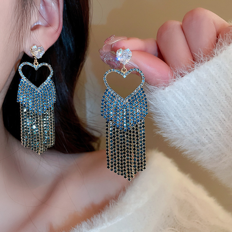 Fashion Heart Shape Copper Tassel Rhinestones Zircon Drop Earrings 1 Pair