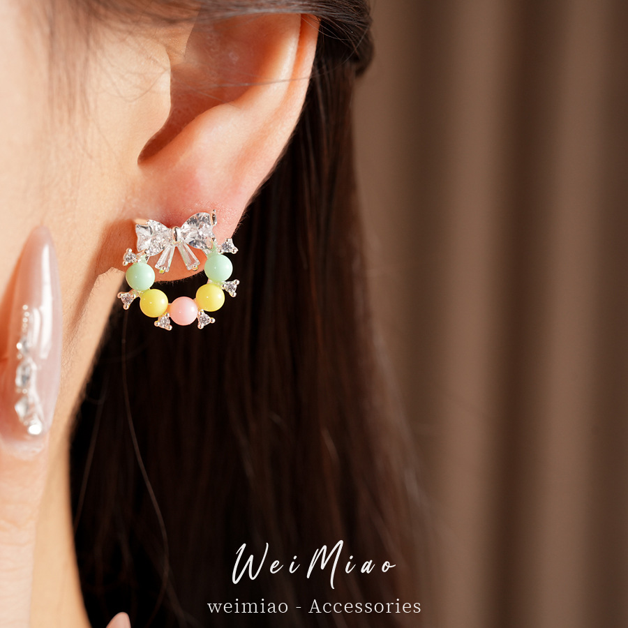 Agujas de plata de arco de piedra de arco de resina de aretes redondos de moda de estilo dulce pendientes personales de lujo ligero de alta calidad pendientes image 5
