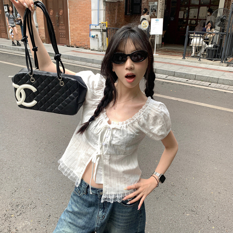 Lace-Trimmed Tie-Up Short-Sleeve Shirt for Women, 2026 Summer New Stylish Blouse with Unique Design, Trendy Top Lace-Trimmed Tie-Up Short-Sleeve Shirt for Women, 2026 Summer New Stylish Blouse with Unique Design, Trendy Top