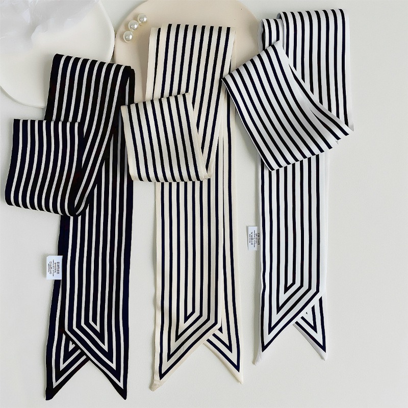 Bufanda pequeña estilo coreano versátil simple blanco y negro a rayas de las mujeres bolsa de corbata de pelo camisa decorativa bufanda larga bufanda
