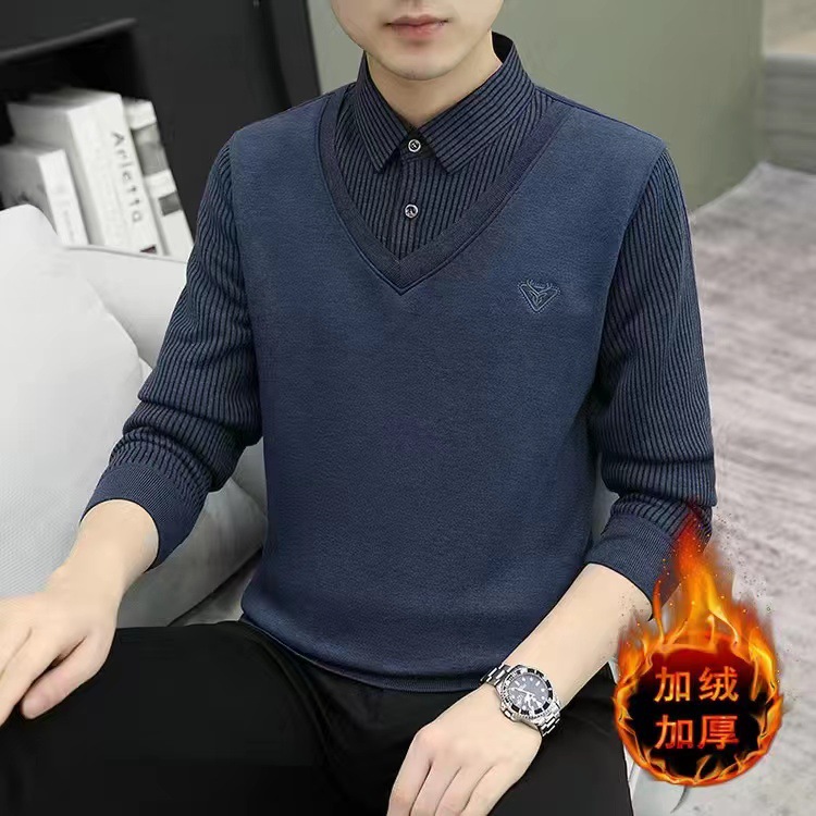 Entrega de una pieza Otoño e Invierno camisa de hombre manga larga forrada de lana gruesa cardigan falso suéter de punto juvenil de dos piezas