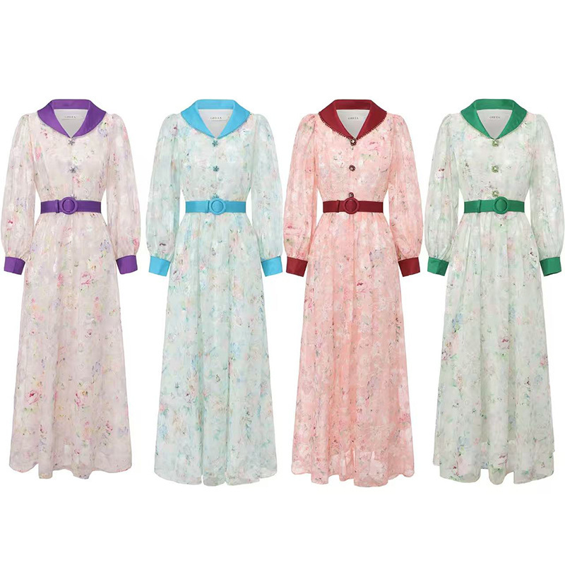French-Style Vintage Beaded V-Neck Lantern Sleeve Dress for Women, Niche High-End Printed Waist-Cinching Slimming Long Dress