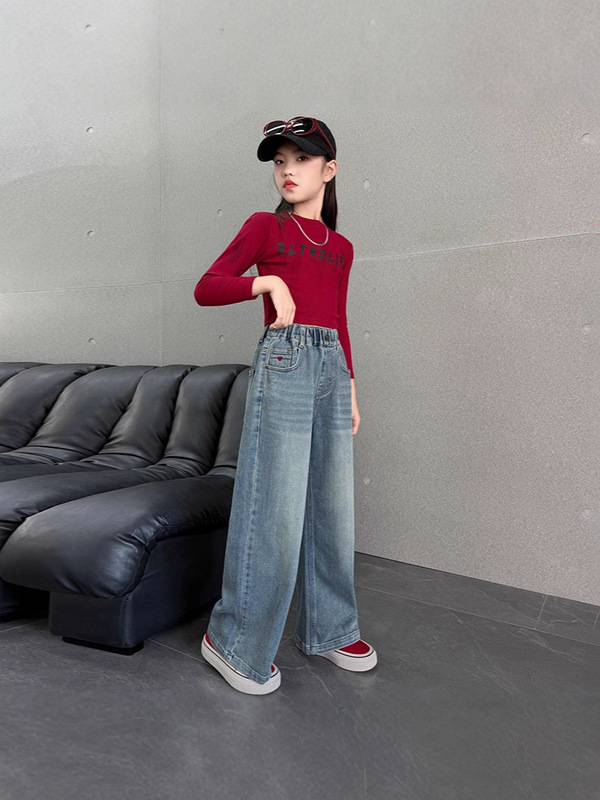 女童牛仔裤春秋2025新款中大童洋气直筒裤韩版爱心刺绣阔腿裤批发|undefined