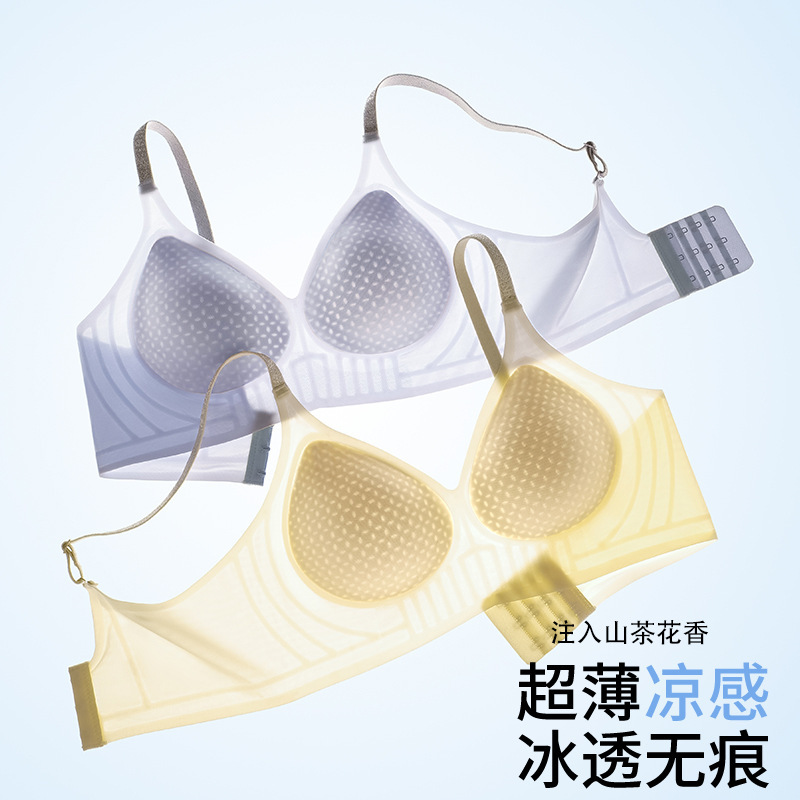 Summer Ultra-Thin Camellia Fragrance Seamless Intimates Women's Thin Glitter Shoulder Straps Thin Breast-Retracting Small Breast Push-Up Set Bra