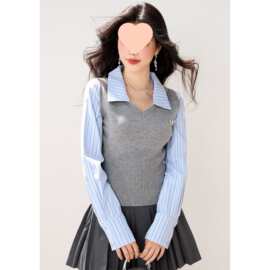 学院风假两件条纹长袖衬衫女春秋新款设计感拼接针织马甲短款上衣