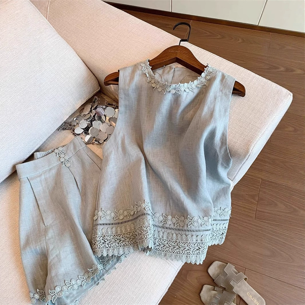 Летний новый модный универсальный темпераментный утягивающий кружевной льняной жилет, шорты, кружевной жилет без рукавов, костюм