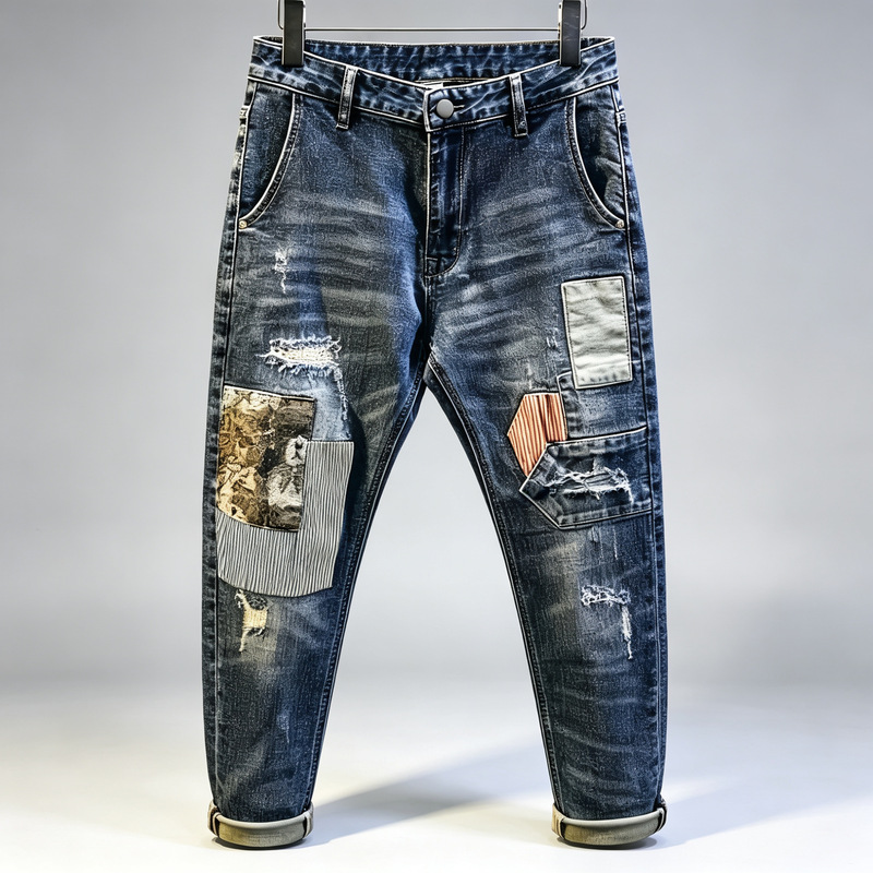 【Denim Source Factory】Men's Ripped Patch Jeans, American Retro Distressed Workwear Tapered Pants
