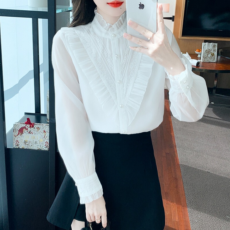 欧根纱长袖衬衫女2025秋季新款时尚设计感小众木耳边立领修身衬衣|undefined